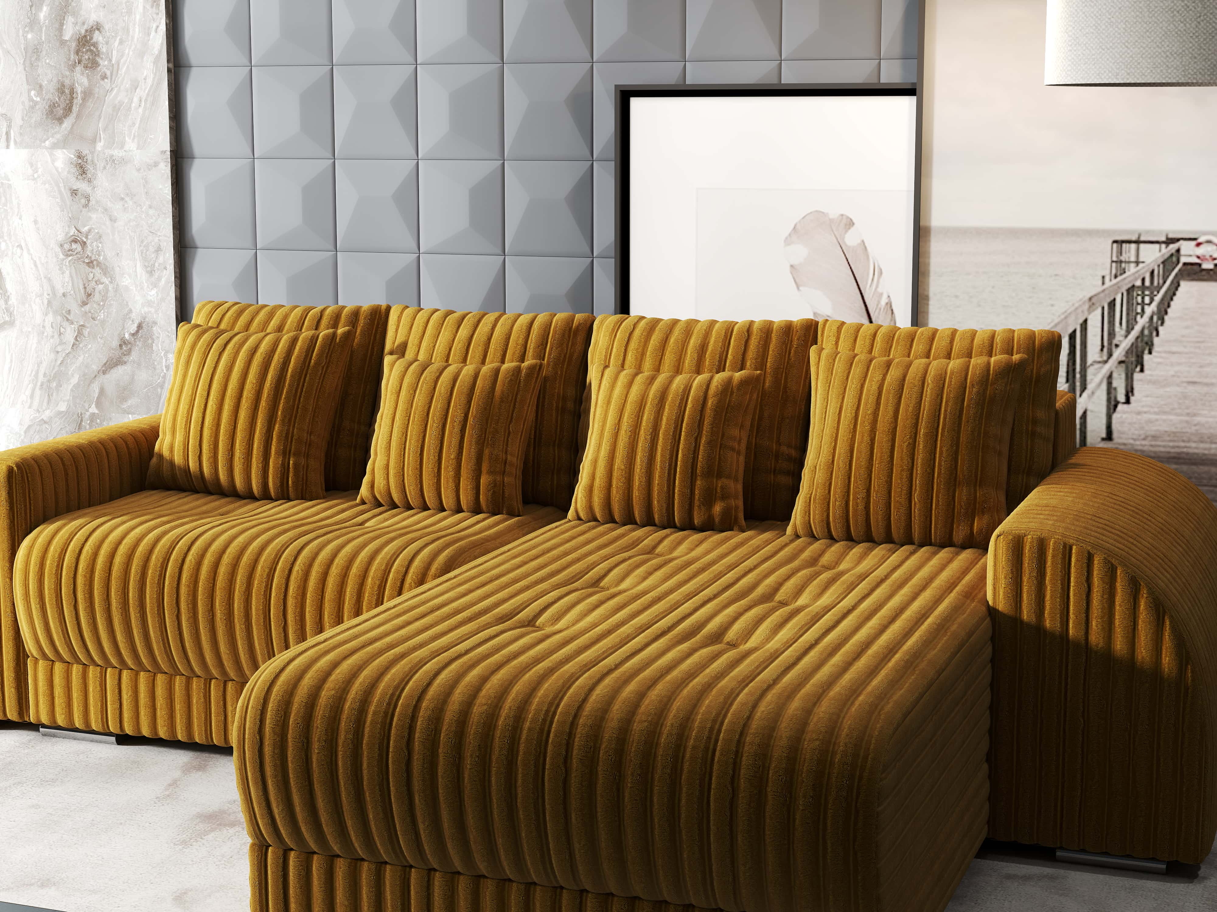 Colțar extensibil dumonde cu ladă de depozitare si sezut confortabil din spuma HR, Verona Ambience Mustar II 290x185 cm Fabrica