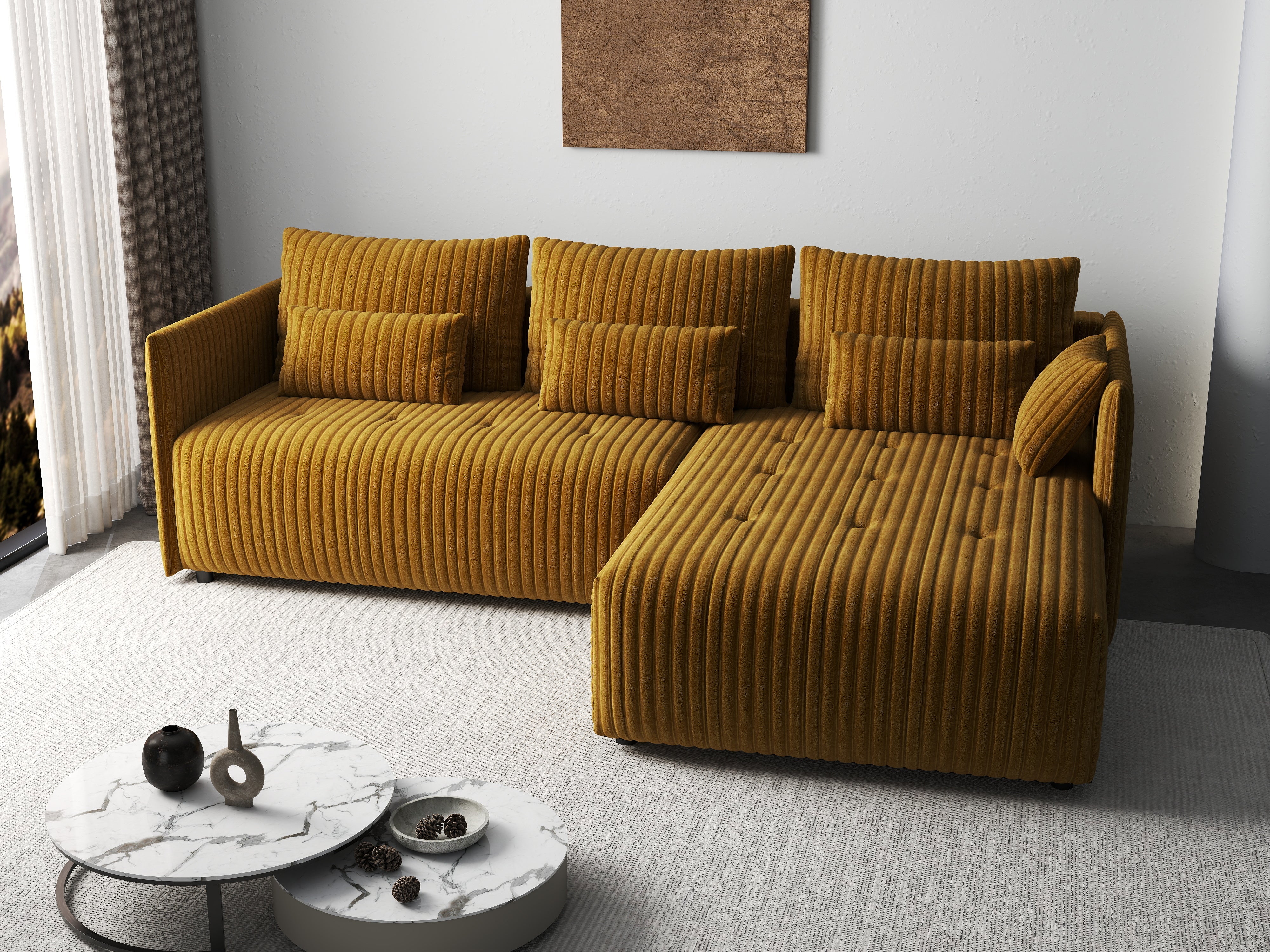 Colțar extensibil dumonde cu ladă de depozitare si sezut confortabil din spuma HR, Malta Ambience Mustard II 235x185 cm Fabrica