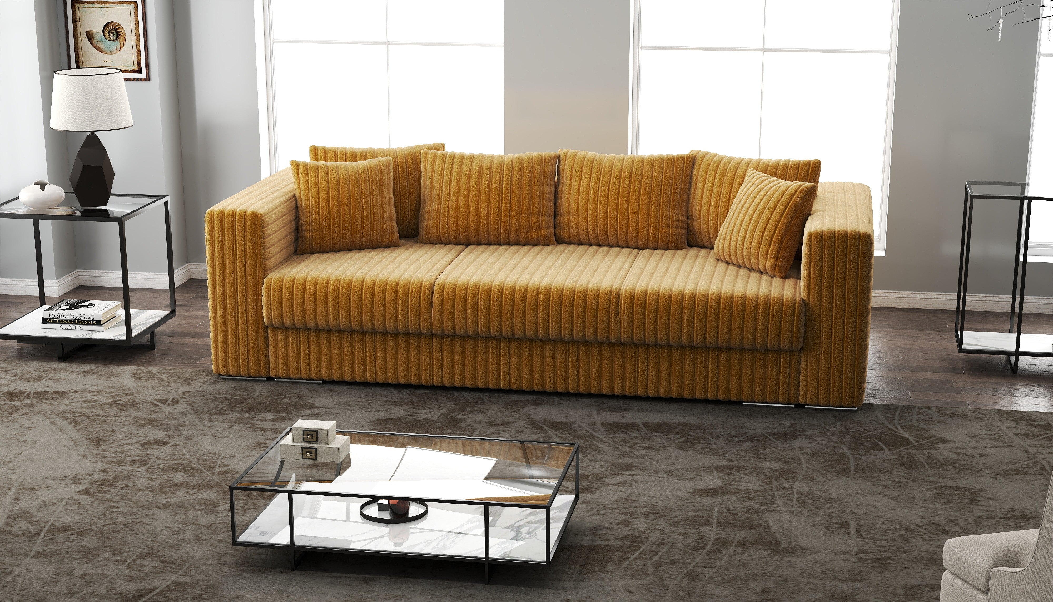 Canapea extensibilă dumonde cu ladă de depozitare si sezut confortabil din spuma HR, Gloria Ambience Mustar 240x100 cm Fabrica