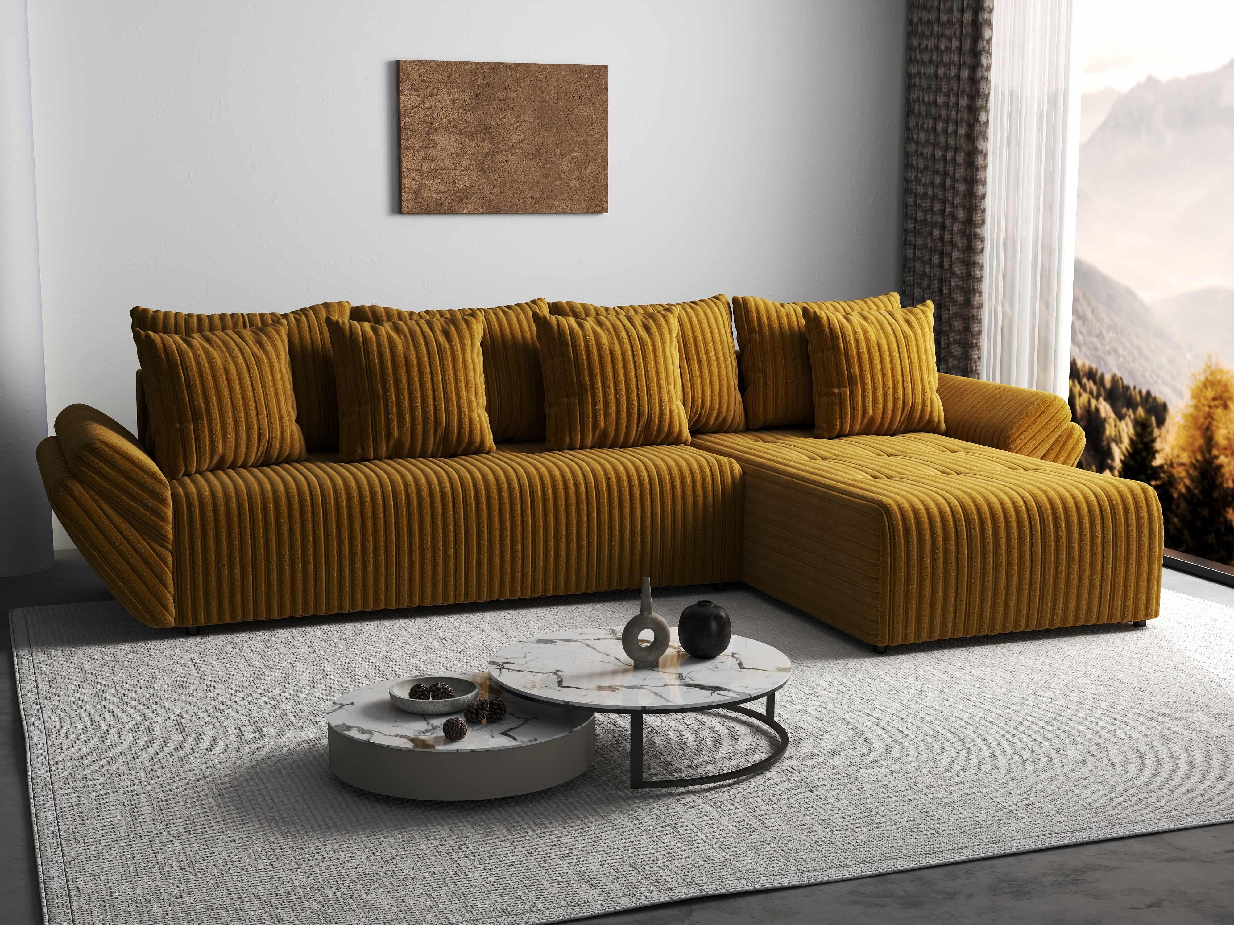 Colțar extensibil dumonde cu ladă de depozitare si sezut confortabil din spuma HR, Berlin XL Ambience Mustar II 350x185 cm Fabrica