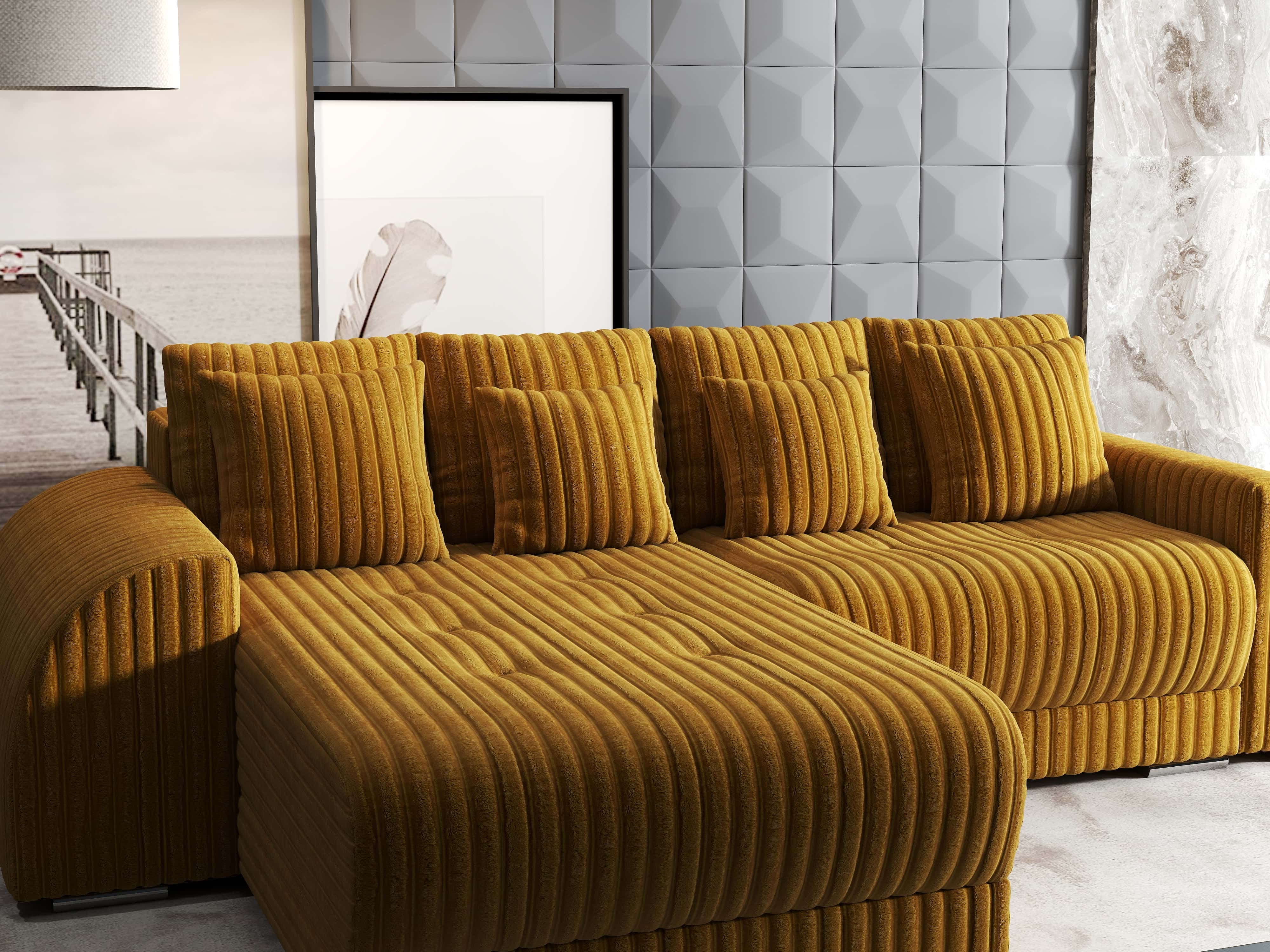 Colțar extensibil dumonde cu ladă de depozitare si sezut confortabil din spuma HR, Verona Ambience Mustar 290x185 cm Fabrica