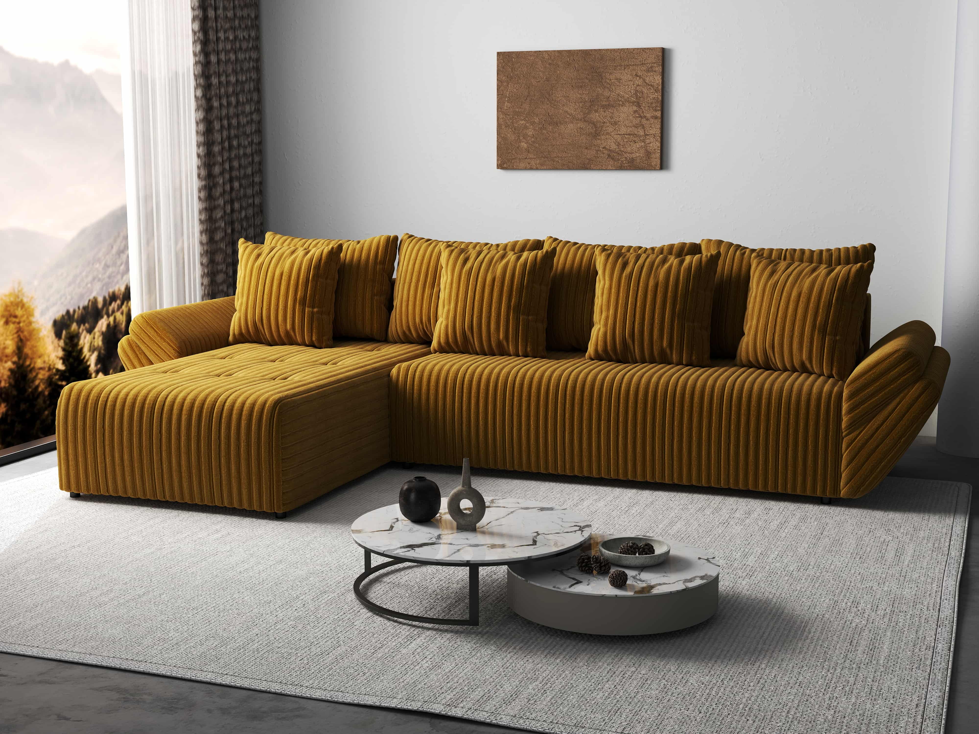 Colțar extensibil dumonde cu ladă de depozitare si sezut confortabil din spuma HR, Berlin XL Ambience Mustar 350x185 cm Fabrica