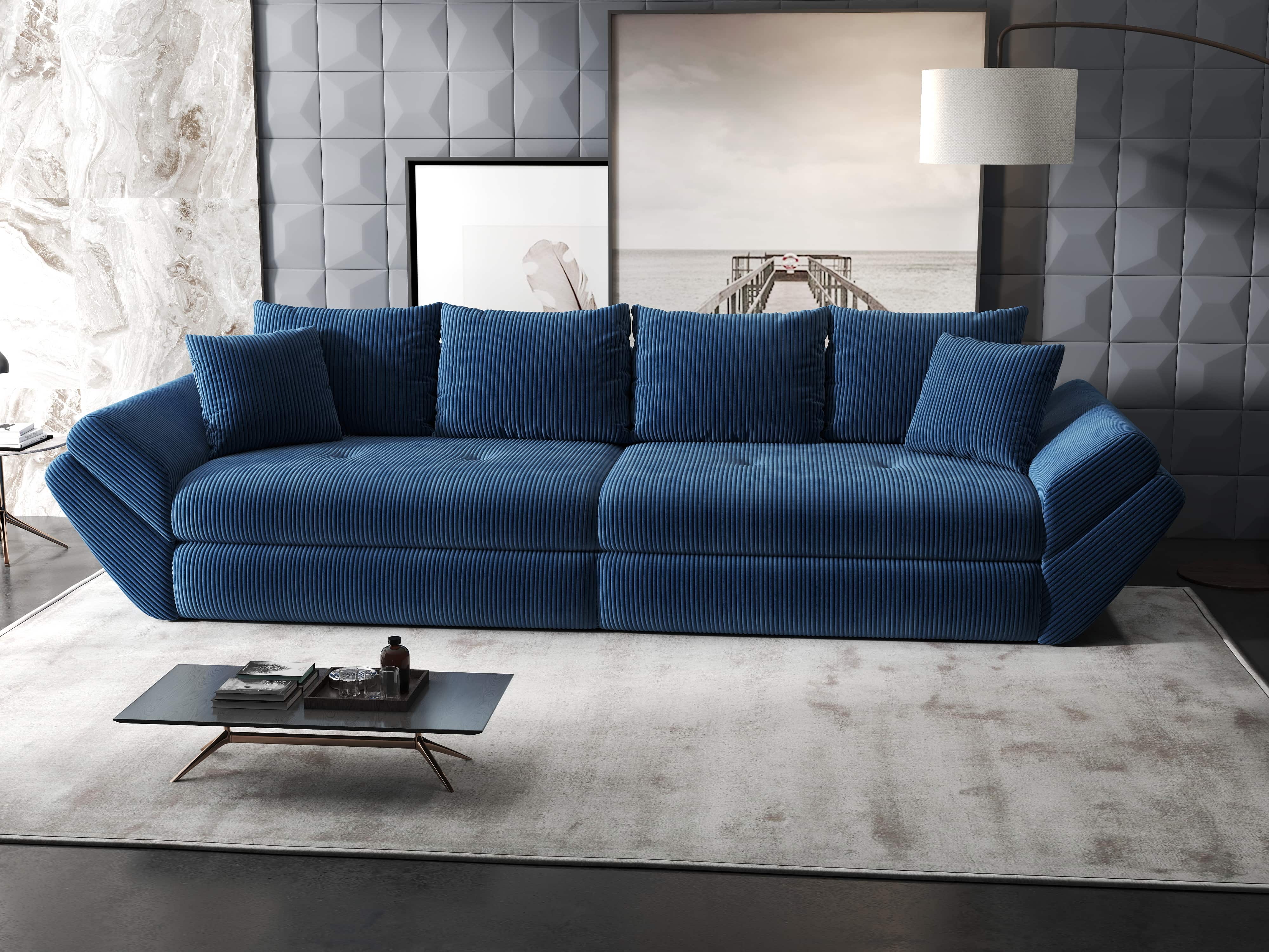 Canapea extensibilă dumonde cu ladă de depozitare si sezut confortabil din spuma HR, Loana Zoom Albastru 300x100 cm Fabrica