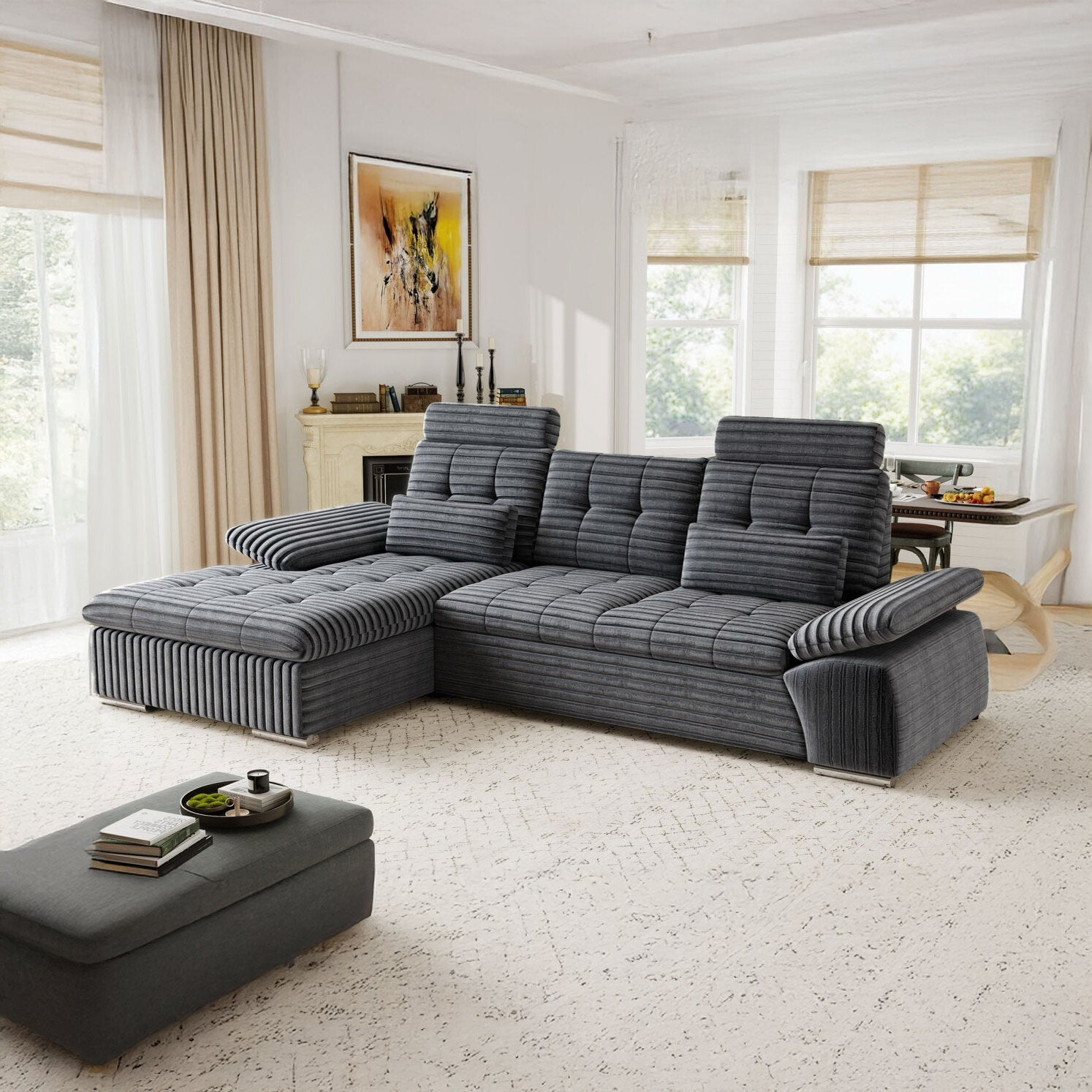 Colțar extensibil dumonde cu ladă de depozitare și șezut confortabil din spumă HR, Merkur Ambience Gri 270x168 cm