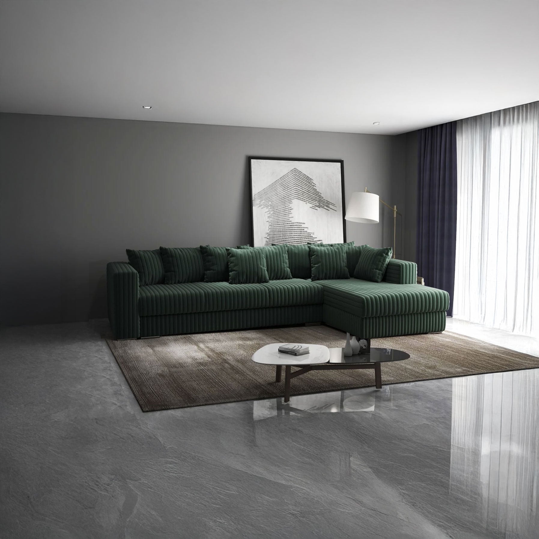 Colțar extensibil dumonde cu ladă de depozitare si sezut confortabil din spuma HR, Gloria Verde Ambience II 320x183 cm Fabrica