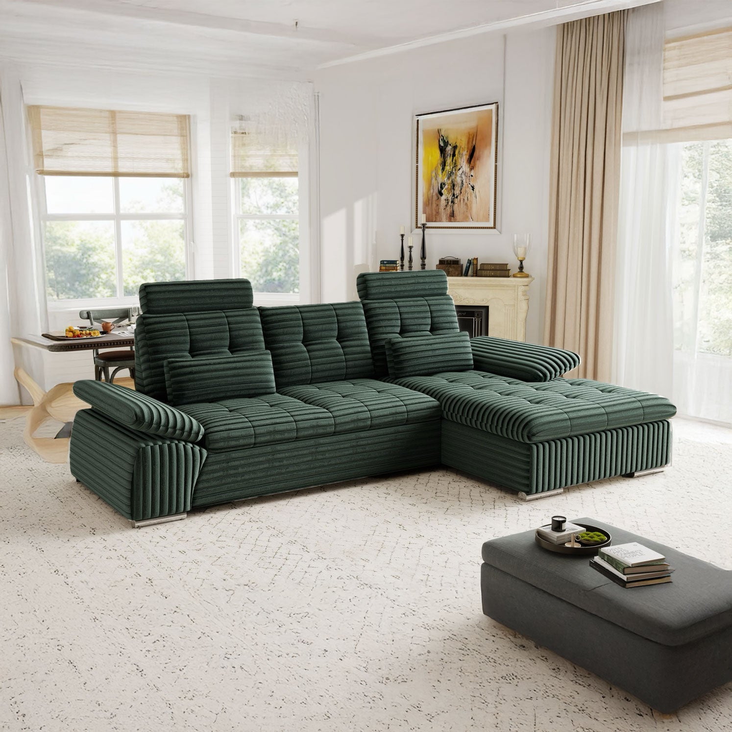 Colțar extensibil dumonde cu ladă de depozitare și șezut confortabil din spumă HR, Merkur Ambience Verde 270x168 cm II