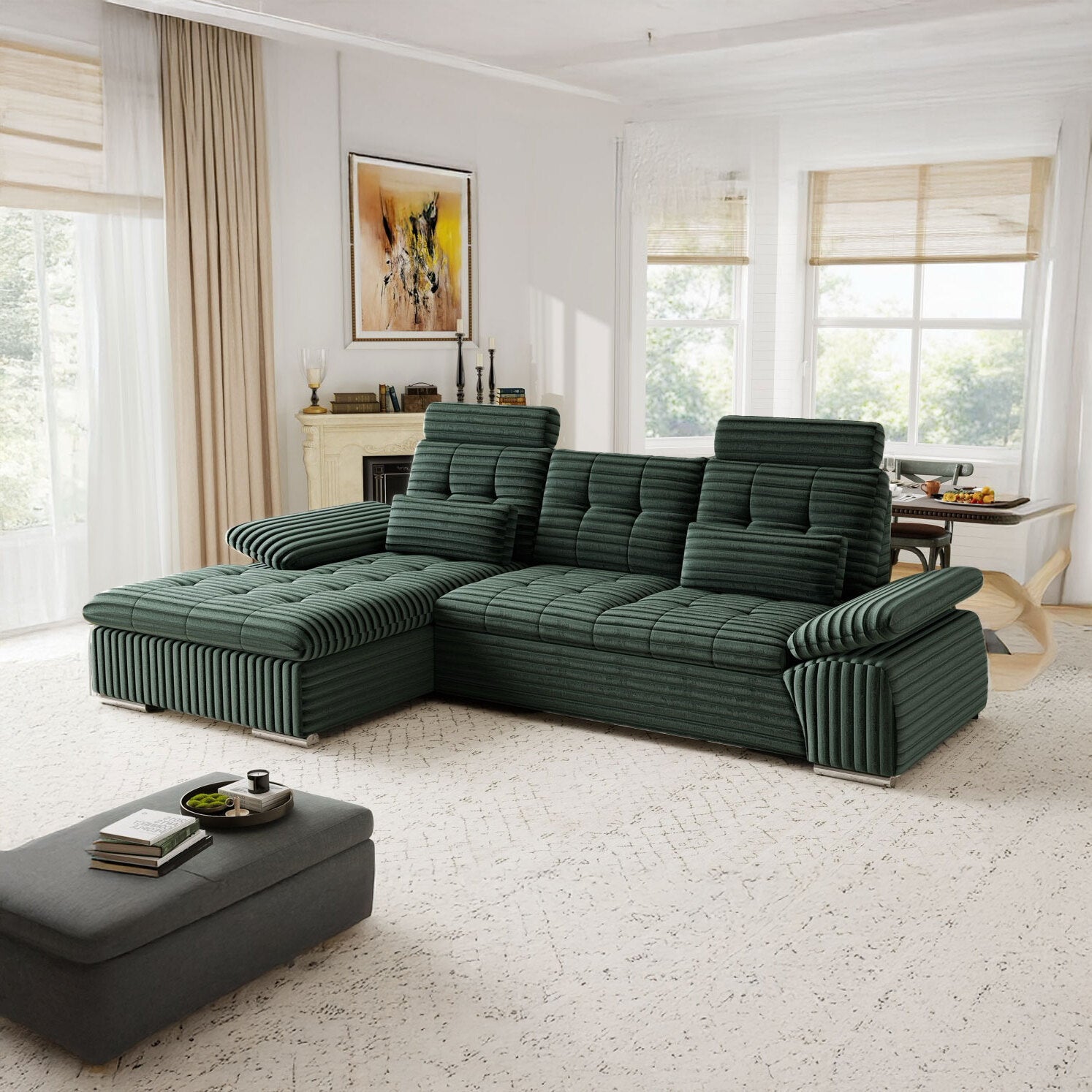 Colțar extensibil dumonde cu ladă de depozitare și șezut confortabil din spumă HR, Merkur Ambience Verde 270x168 cm