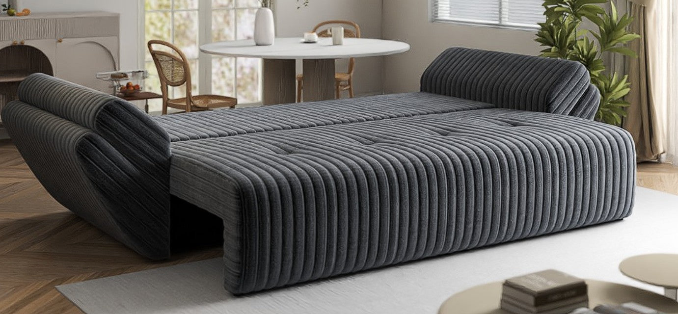 Canapea extensibilă dumonde cu ladă de depozitare si sezut confortabil din spuma HR, Berlin Ambience Grey 250x100 cm Fabrica