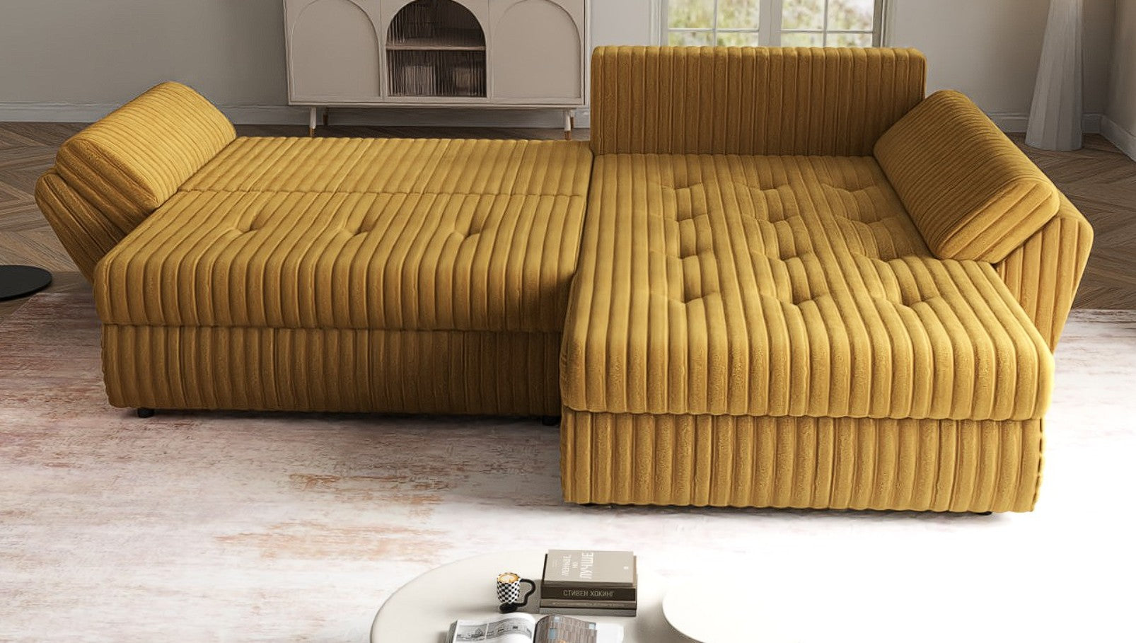 Colțar extensibil dumonde cu ladă de depozitare si sezut confortabil din spuma HR, Loana Ambience Mustar II 270x185 cm Fabrica