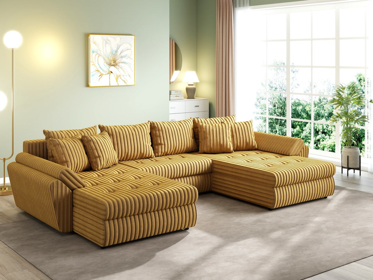 Colțar extensibil dumonde cu ladă de depozitare si sezut confortabil din spuma HR, Loana U Ambience Mustar 355x185 cm