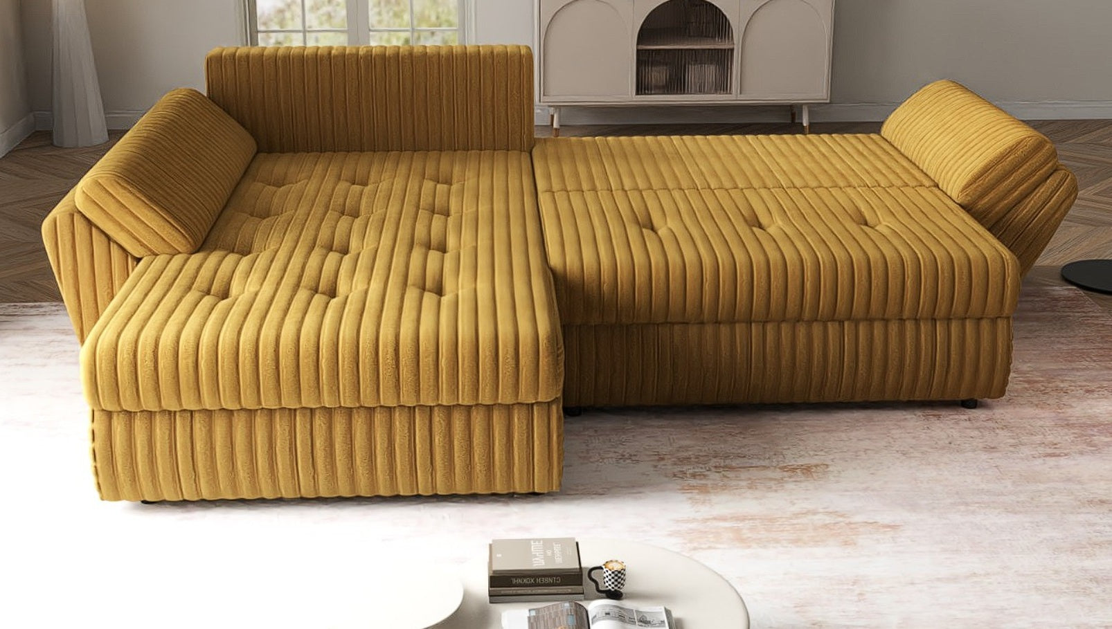 Colțar extensibil dumonde cu ladă de depozitare si sezut confortabil din spuma HR, Loana Ambience Mustar 270x185 cm Fabrica