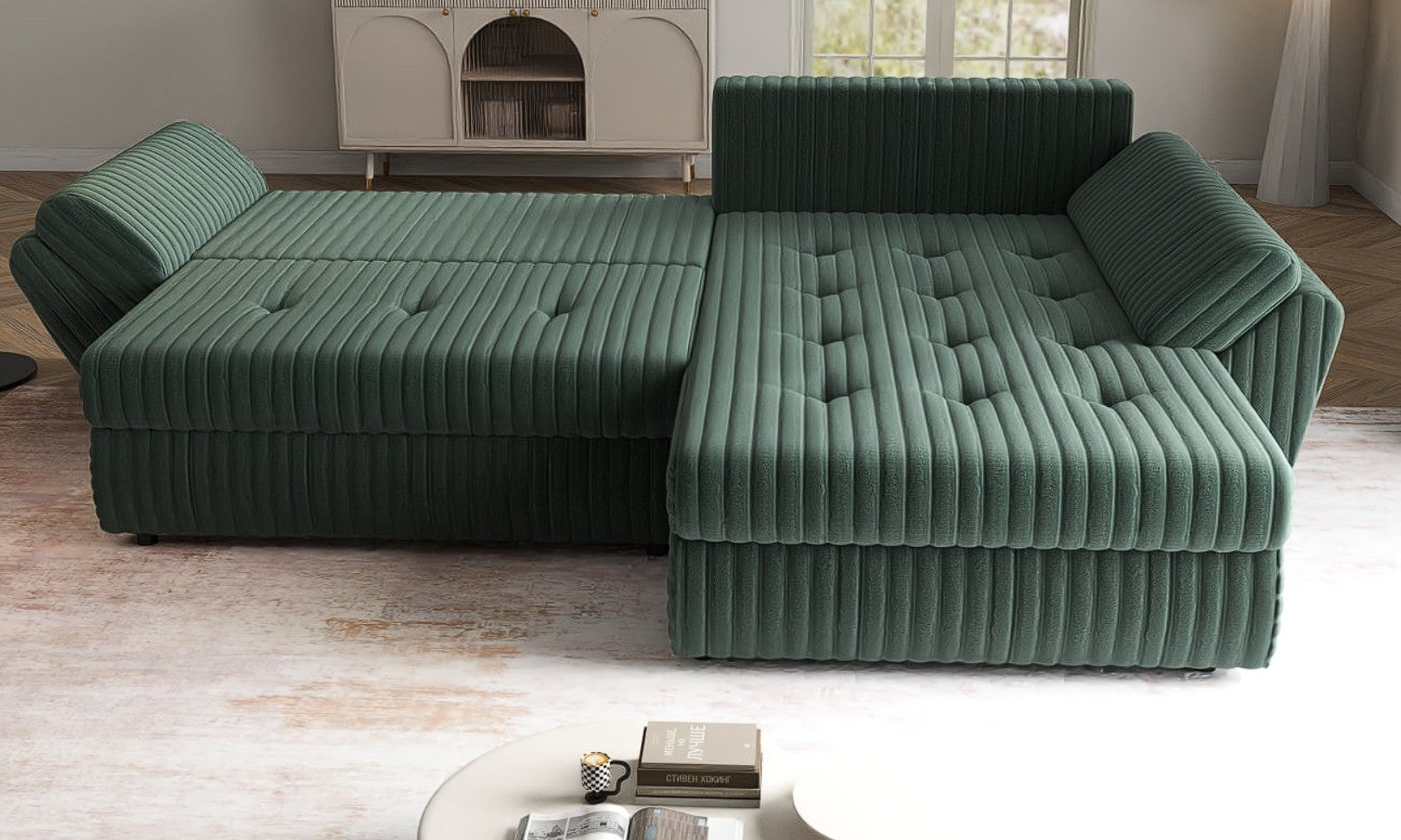 Colțar extensibil dumonde cu ladă de depozitare si sezut confortabil din spuma HR, Loana Ambience Green 270x185 cm Fabrica