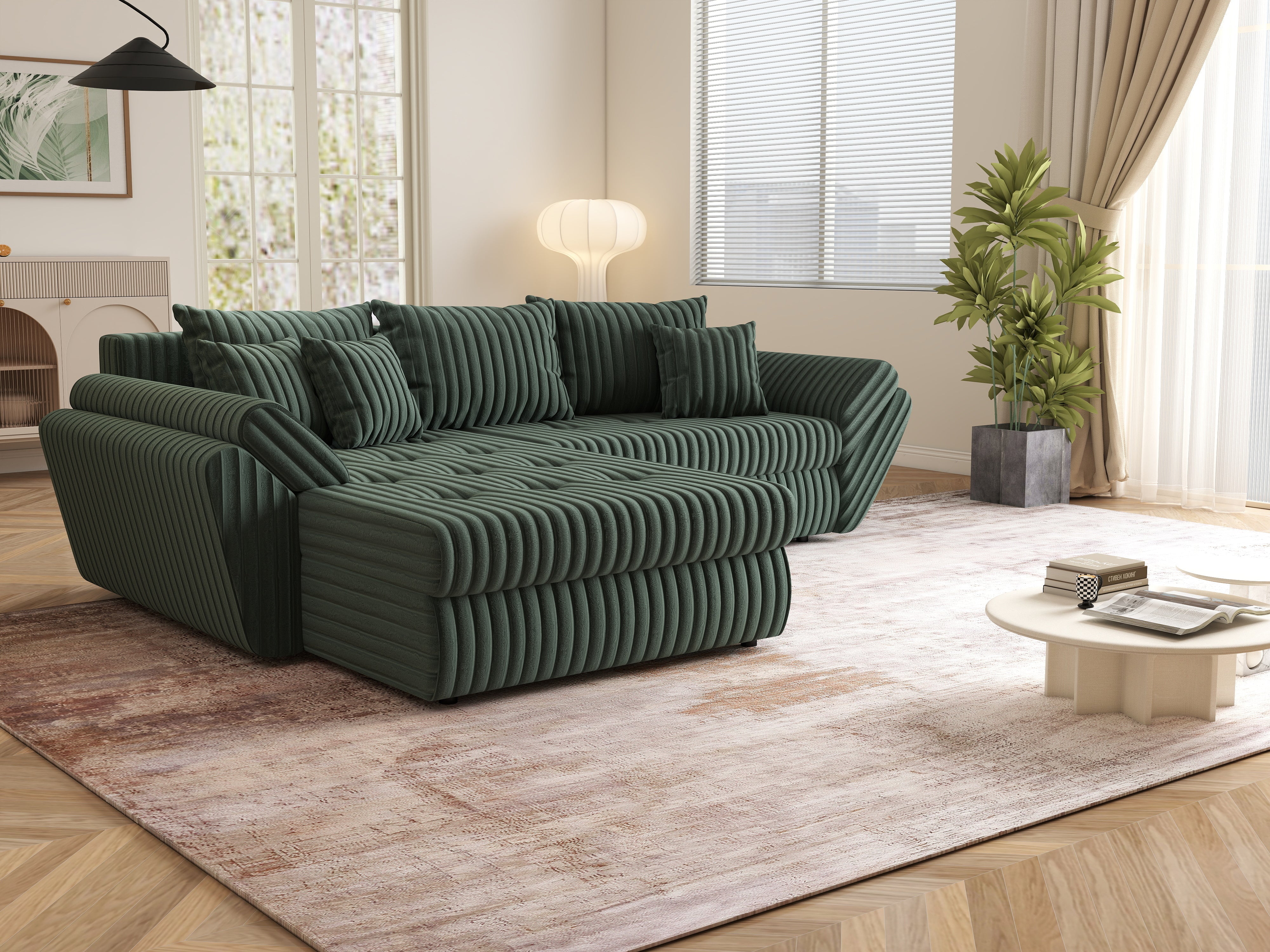Colțar extensibil dumonde cu ladă de depozitare si sezut confortabil din spuma HR, Loana Ambience Green 270x185 cm Fabrica