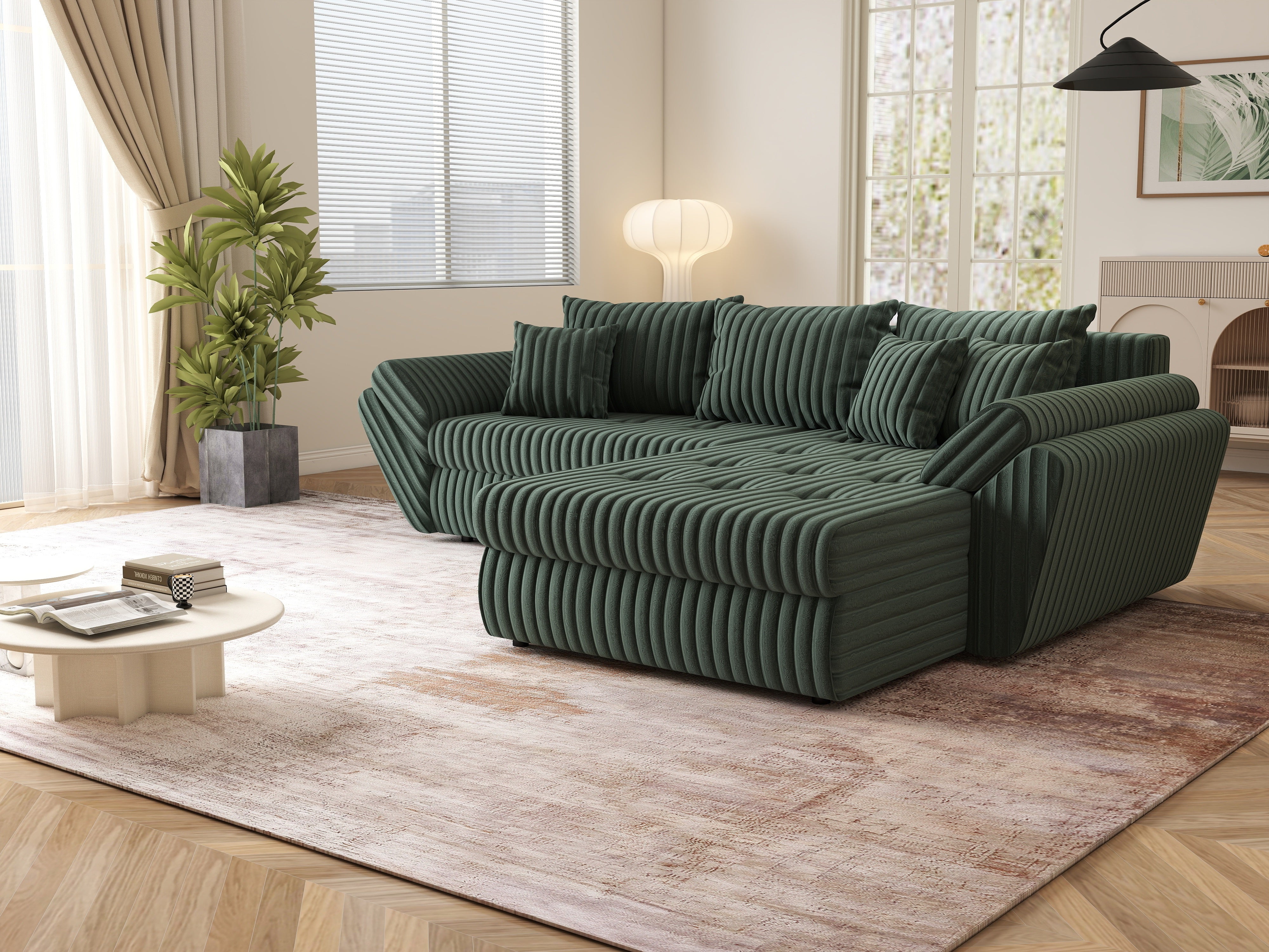 Colțar extensibil dumonde cu ladă de depozitare si sezut confortabil din spuma HR, Loana Ambience Green II 270x185 cm Fabrica