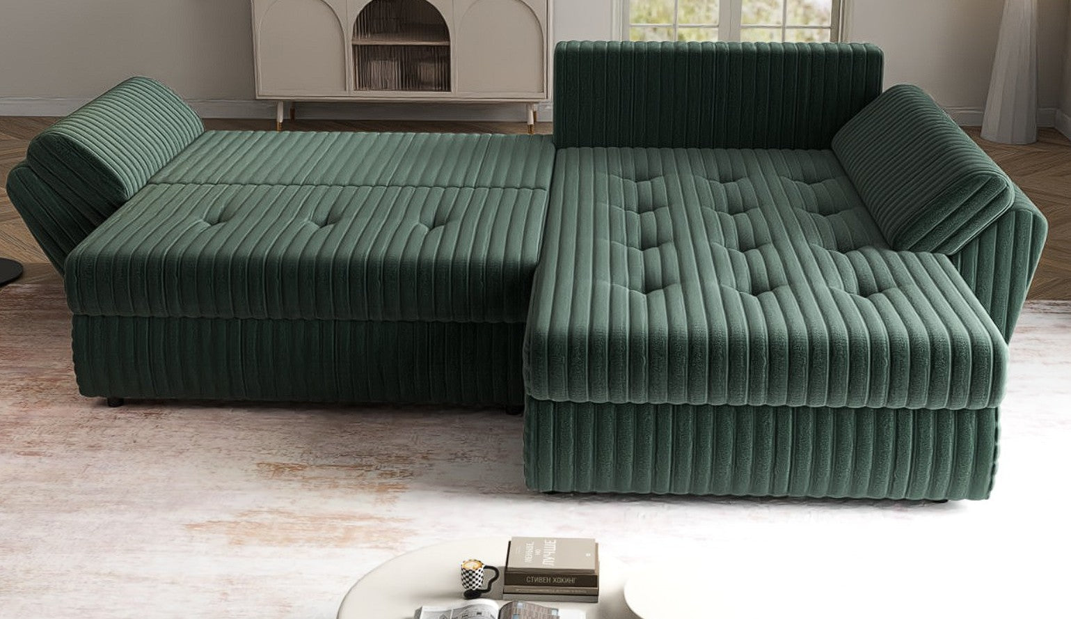 Colțar extensibil dumonde cu ladă de depozitare si sezut confortabil din spuma HR, Loana Ambience Green II 270x185 cm Fabrica