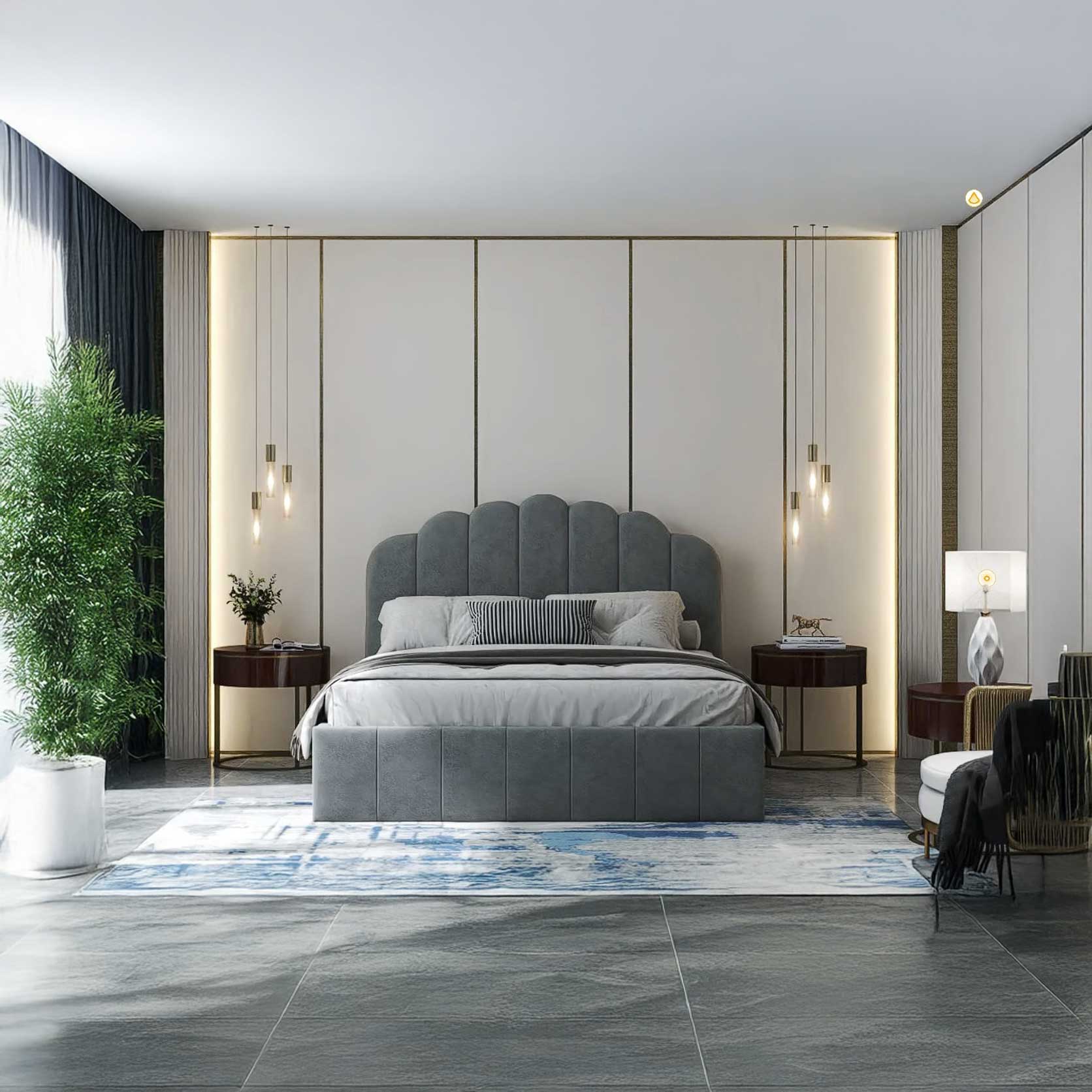 Pat dormitor dumonde, tapitat gri, Amira 140x200 cm, somiera rabatabila inclusa, spatiu depozitare WLS