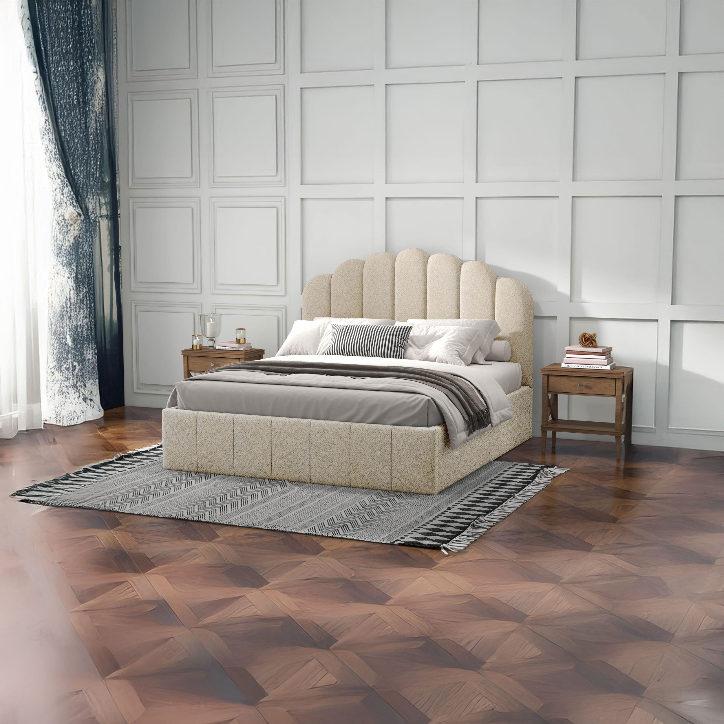 Pat dormitor dumonde, tapitat bej, Amira 140x200 cm, somiera rabatabila inclusa, spatiu depozitare WLS