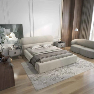 Pat dormitor tapitat bej, Amos 160x200 cm, somiera rabatabila inclusa, spatiu depozitare