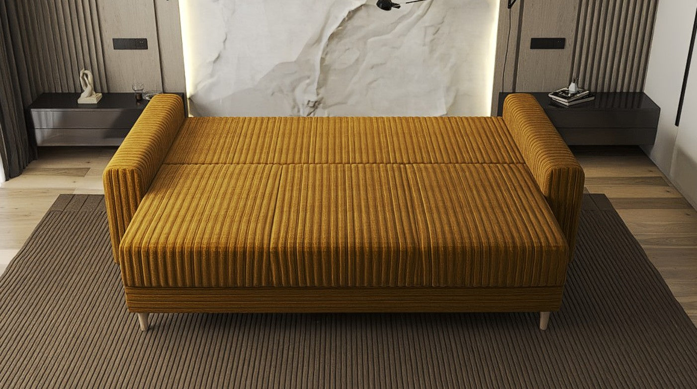 Canapea extensibilă dumonde cu ladă de depozitare si sezut confortabil din spuma HR, Kronos Ambience Mustar 210x100 cm fabrica