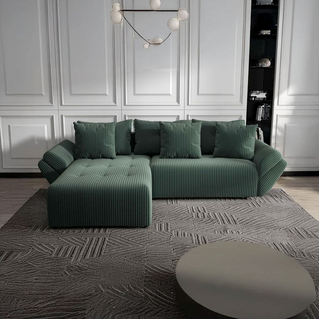 Colțar extensibil dumonde cu ladă de depozitare si sezut confortabil din spuma HR, Berlin Ambience Verde 280x185 cm Fabrica