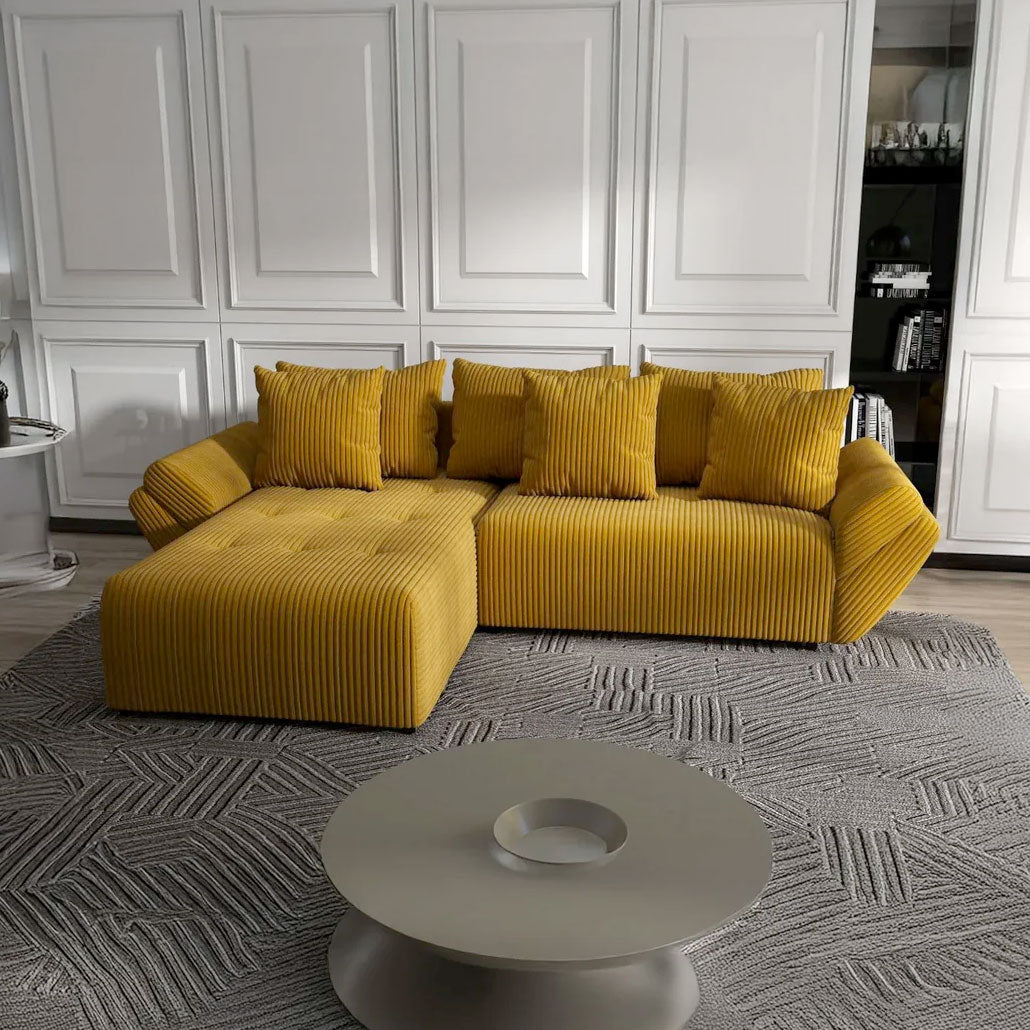 Colțar extensibil dumonde cu ladă de depozitare si sezut confortabil din spuma HR, Berlin Ambience Mustar 280x185 cm Fabrica