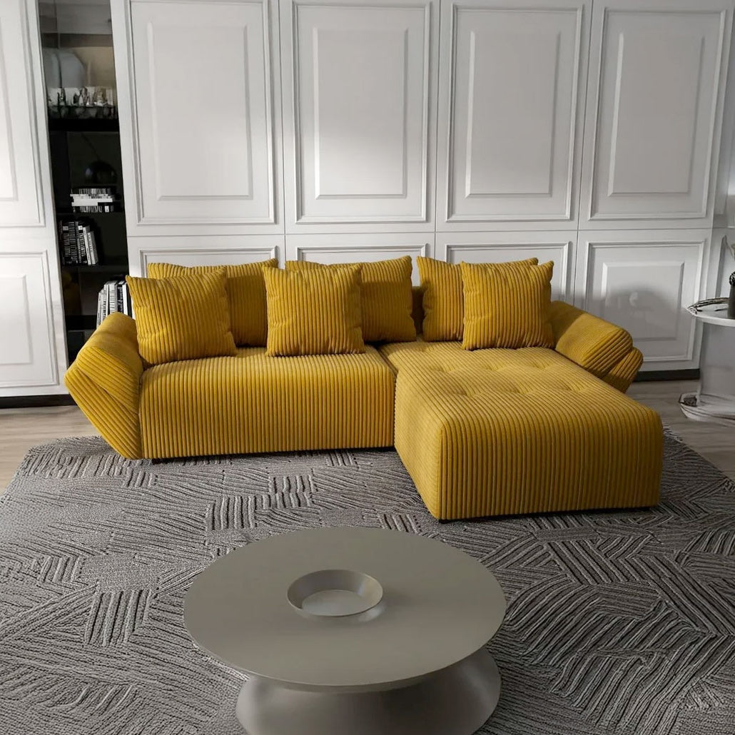 Colțar extensibil dumonde cu ladă de depozitare si sezut confortabil din spuma HR, Berlin Ambience Mustar 280x185 cm II Fabrica