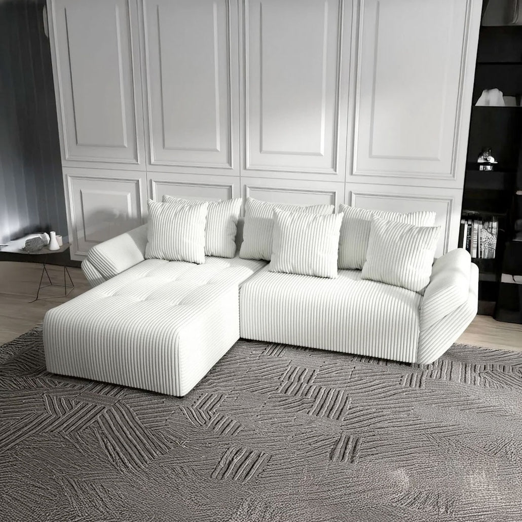 Colțar extensibil dumonde cu ladă de depozitare si sezut confortabil din spuma HR, Berlin Ambience Ivory 280x185 cm Fabrica
