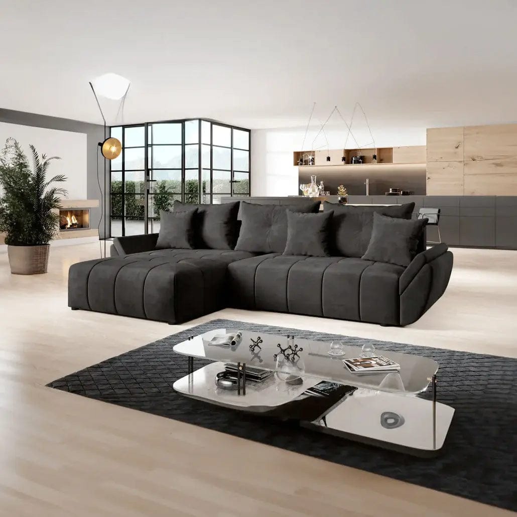 Colțar extensibil dumonde cu ladă de depozitare si sezut confortabil din spuma HR, Berlin Black 280x185 cm Fabrica