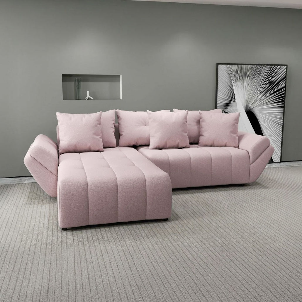 Colțar extensibil dumonde cu ladă de depozitare si sezut confortabil din spuma HR, Berlin Enjoy Roz 280x185 cm Fabrica