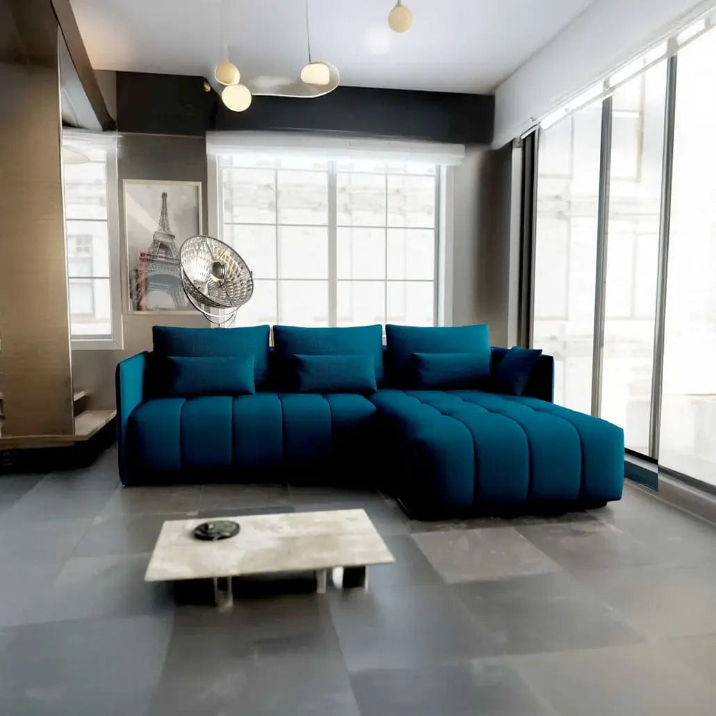 Colțar extensibil dumonde cu ladă de depozitare si sezut confortabil din spuma HR, Malta Verde Petrol II 235x185 cm Fabrica