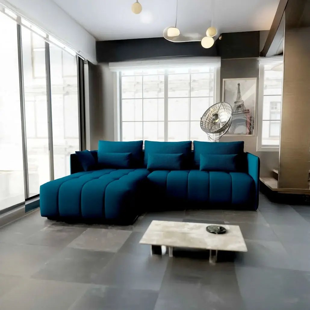 Colțar extensibil dumonde cu ladă de depozitare si sezut confortabil din spuma HR, Malta Enjoy Petrol 235x185 cm Fabrica