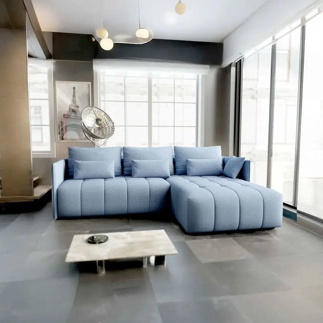 Colțar extensibil dumonde cu ladă de depozitare si sezut confortabil din spuma HR, Malta Blue II 235x185 cm Fabrica