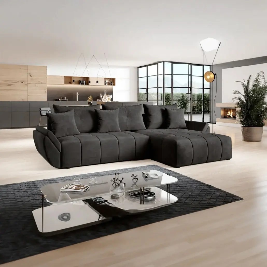 Colțar extensibil dumonde cu ladă de depozitare si sezut confortabil din spuma HR, Berlin Enjoy Black II 280x185 cm Fabrica