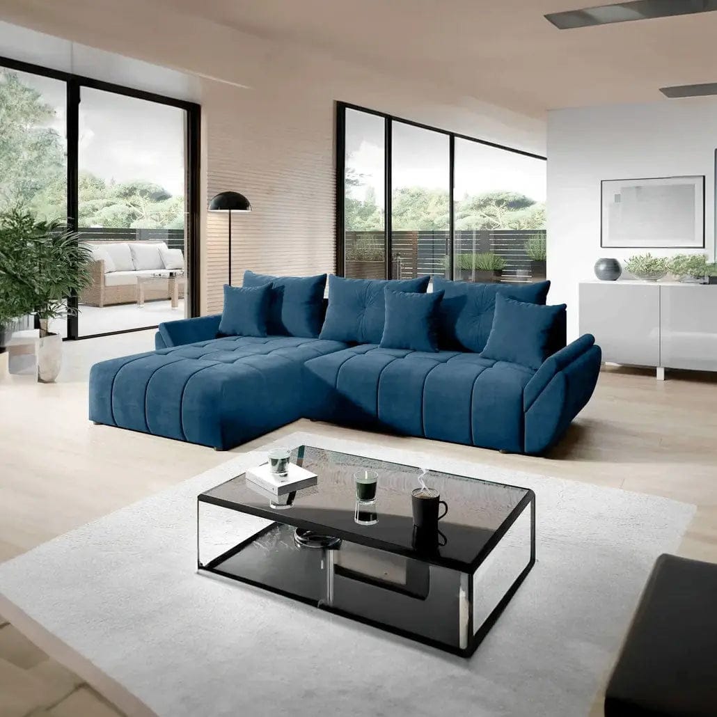 Colțar extensibil dumonde cu ladă de depozitare si sezut confortabil din spuma HR, Berlin Albastru Pudrat 280x185 cm Fabrica