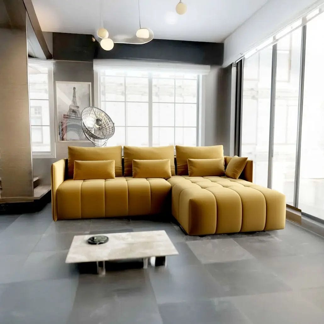 Colțar extensibil dumonde cu ladă de depozitare si sezut confortabil din spuma HR, Malta Muștar II 235x185 cm Fabrica