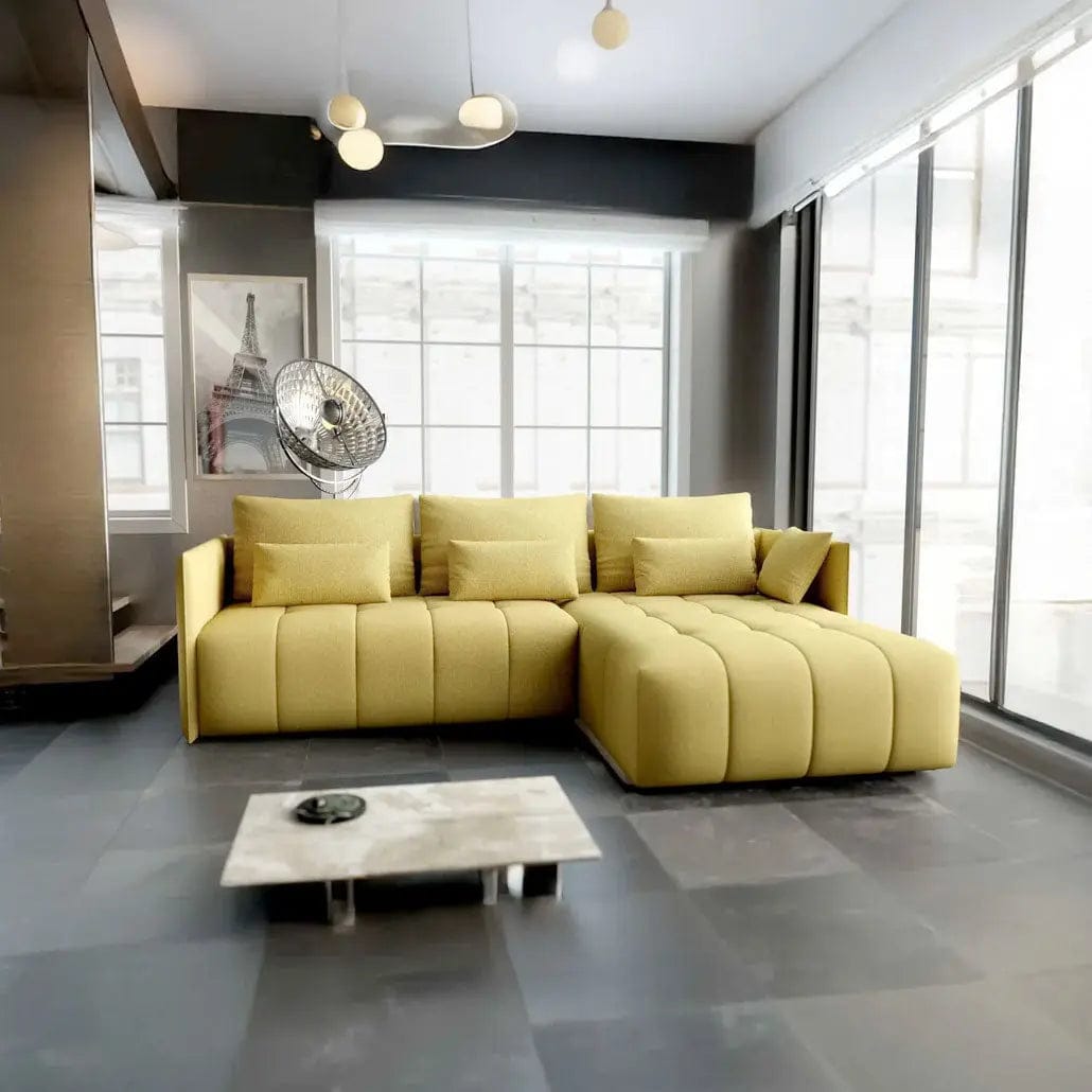 Colțar extensibil dumonde cu ladă de depozitare si sezut confortabil din spuma HR, Malta Galben II 235x185 cm Fabrica