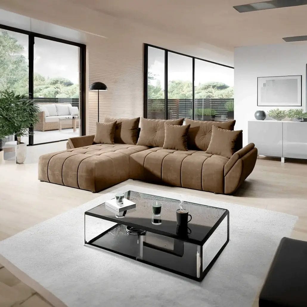 Colțar extensibil dumonde cu ladă de depozitare si sezut confortabil din spuma HR, Berlin Braun 280x185 cm Fabrica