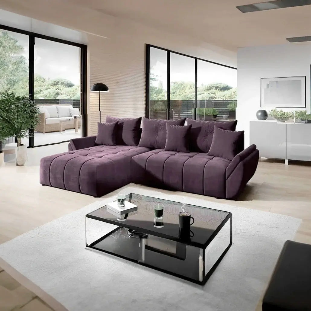 Colțar extensibil dumonde cu ladă de depozitare si sezut confortabil din spuma HR, Berlin Lila 280x185 cm Fabrica