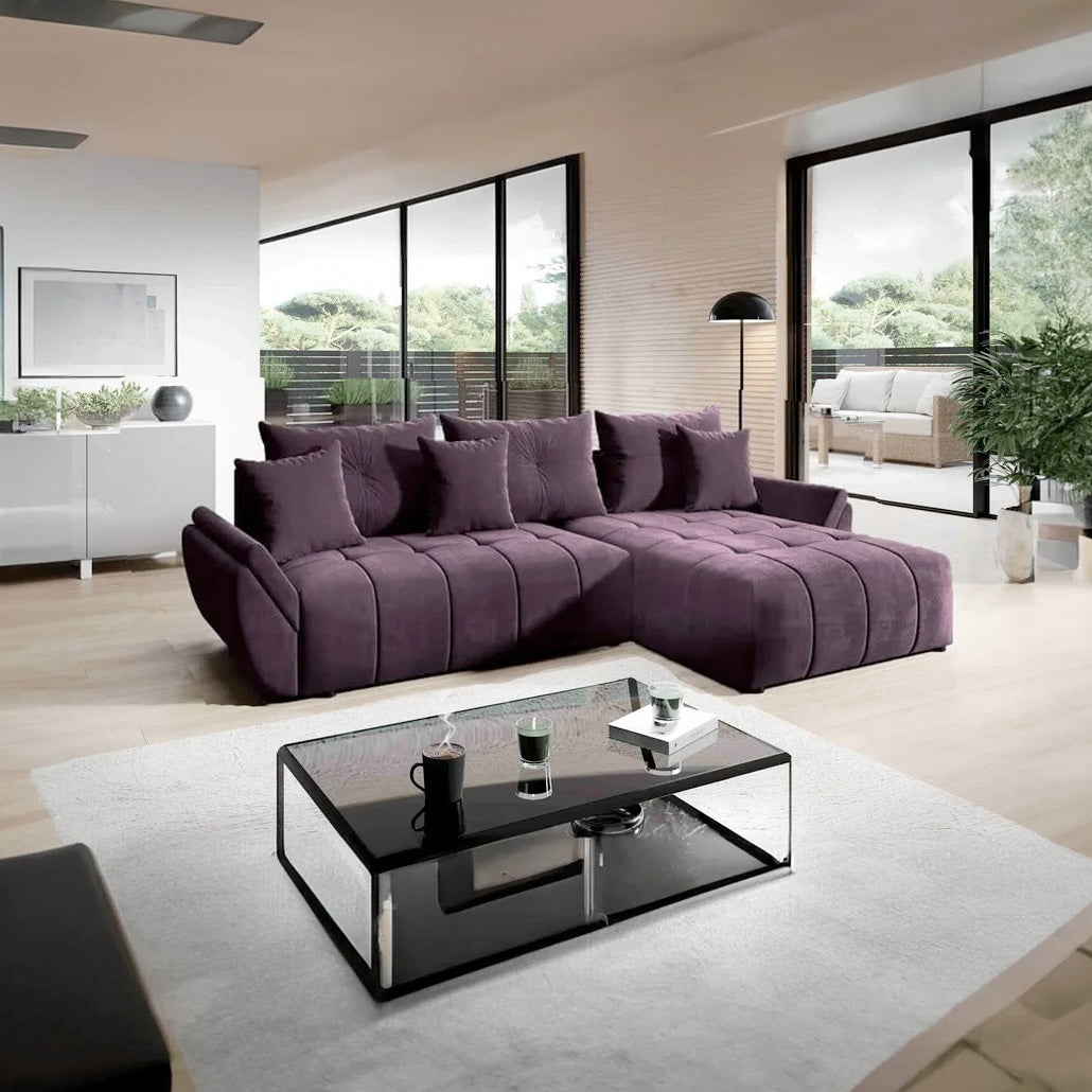 Colțar extensibil dumonde cu ladă de depozitare si sezut confortabil din spuma HR, Berlin Lila II 280x185 cm Fabrica