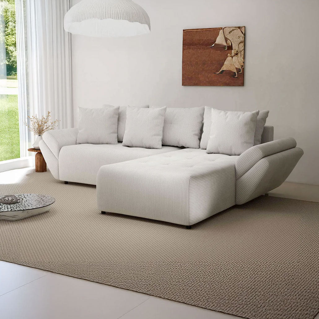 Colțar extensibil dumonde cu ladă de depozitare si sezut confortabil din spuma HR, Berlin Zoom Cream 280x185 cm II Fabrica