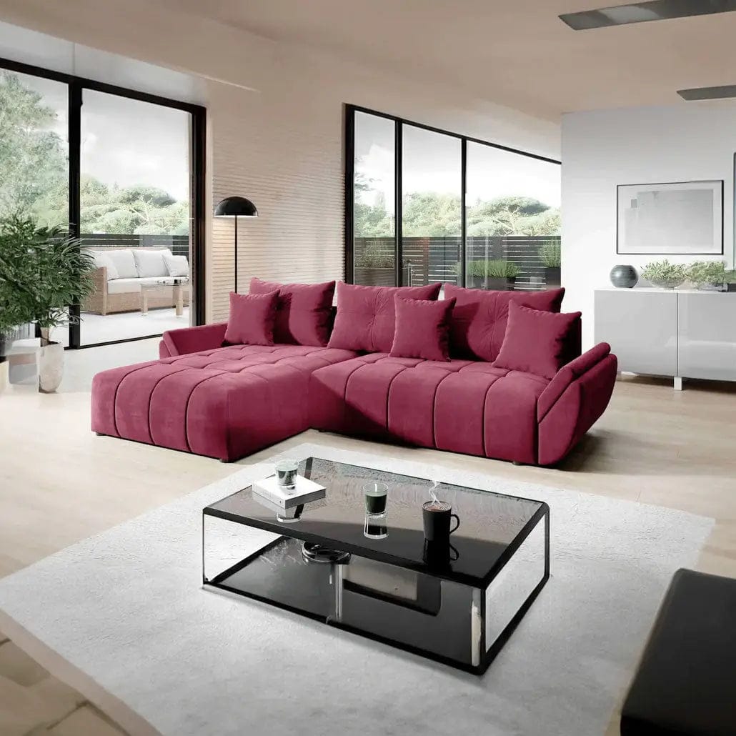 Colțar extensibil dumonde cu ladă de depozitare si sezut confortabil din spuma HR, Berlin Bordoux 280x185 cm Fabrica