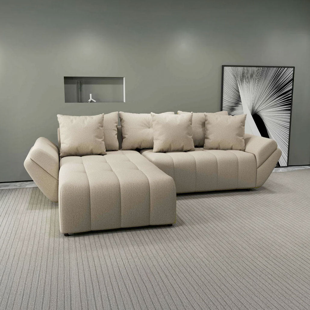 Colțar extensibil dumonde cu ladă de depozitare si sezut confortabil din spuma HR, Berlin Enjoy Camel 280x185 cm Fabrica