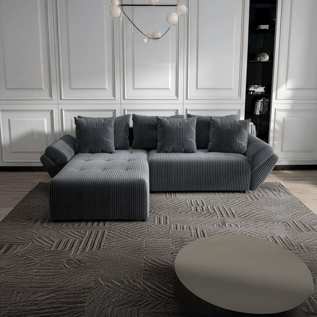 Colțar extensibil dumonde cu ladă de depozitare si sezut confortabil din spuma HR, Berlin Ambience Gri 280x185 cm Fabrica