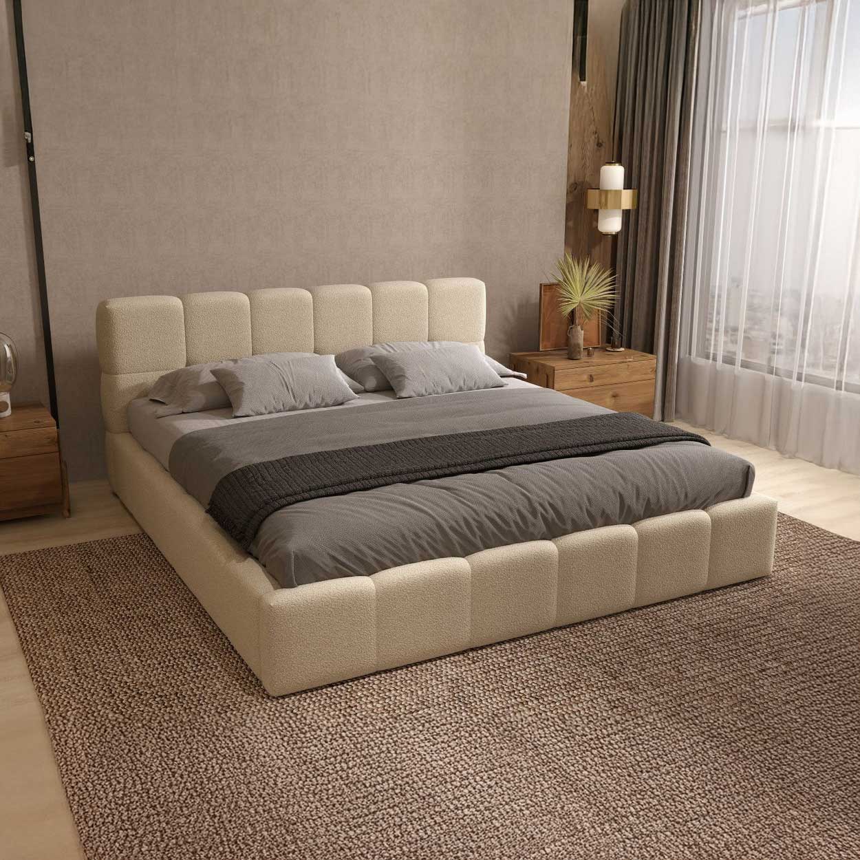 Pat dormitor dumonde, tapitat bej, Barcelona 180x200 cm, somiera rabatabila inclusa, spatiu depozitare