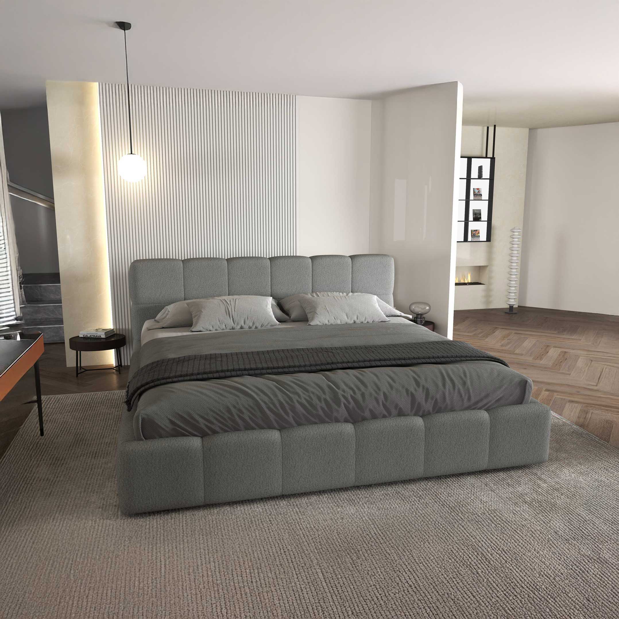Pat dormitor dumonde, tapitat gri, Barcelona 180X200 cm, somiera rabatabila inclusa, spatiu depozitare