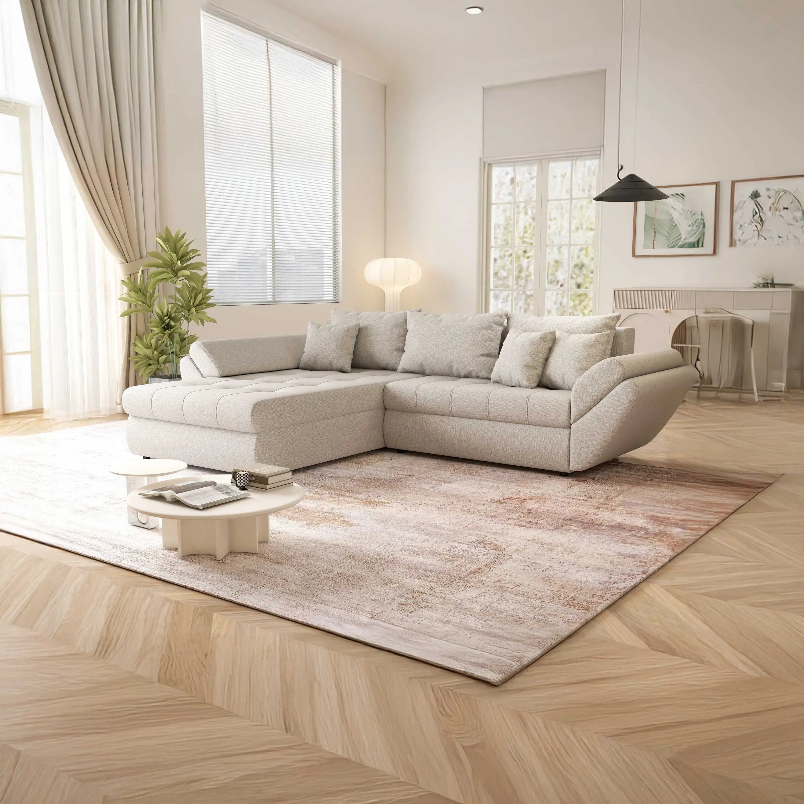 Colțar extensibil dumonde cu ladă de depozitare si sezut confortabil din spuma HR, Loana Bej 270x185 cm Fabrica