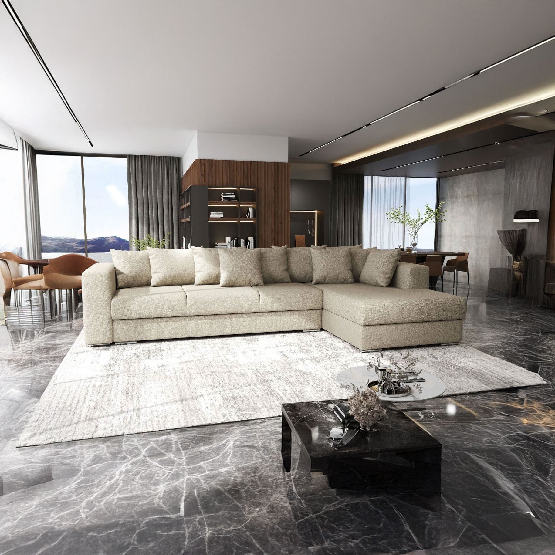 Colțar extensibil dumonde cu ladă de depozitare si sezut confortabil din spuma HR, Gloria Enjoy Camel II 320x183 cm Fabrica