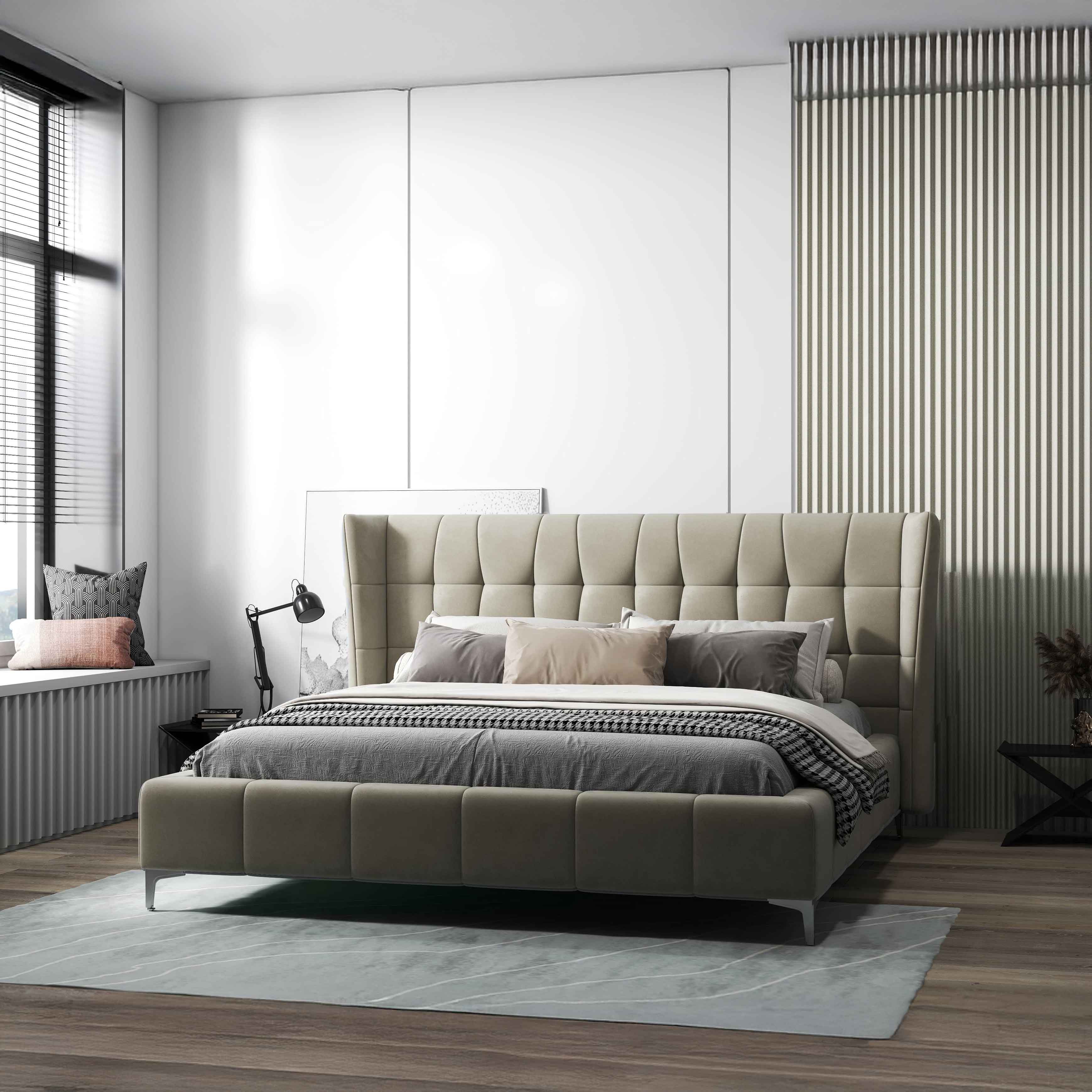 Pat dormitor dumonde, tapitat bej, Bellagio 180x200 cm, somiera fixa inclusa WLS