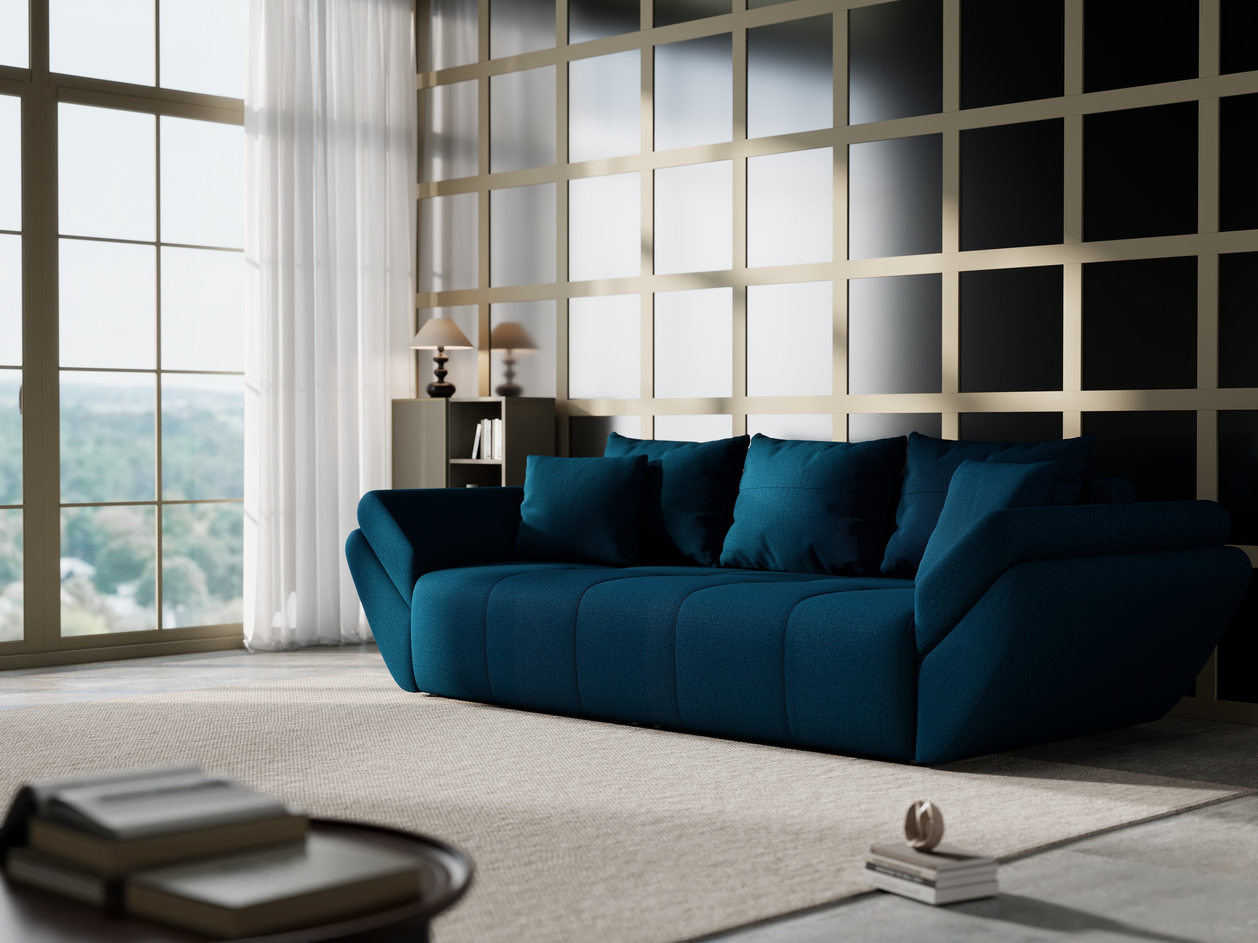 Canapea extensibilă dumonde cu ladă de depozitare si sezut confortabil din spuma HR, Berlin Enjoy Petrol 250x100 cm Fabrica