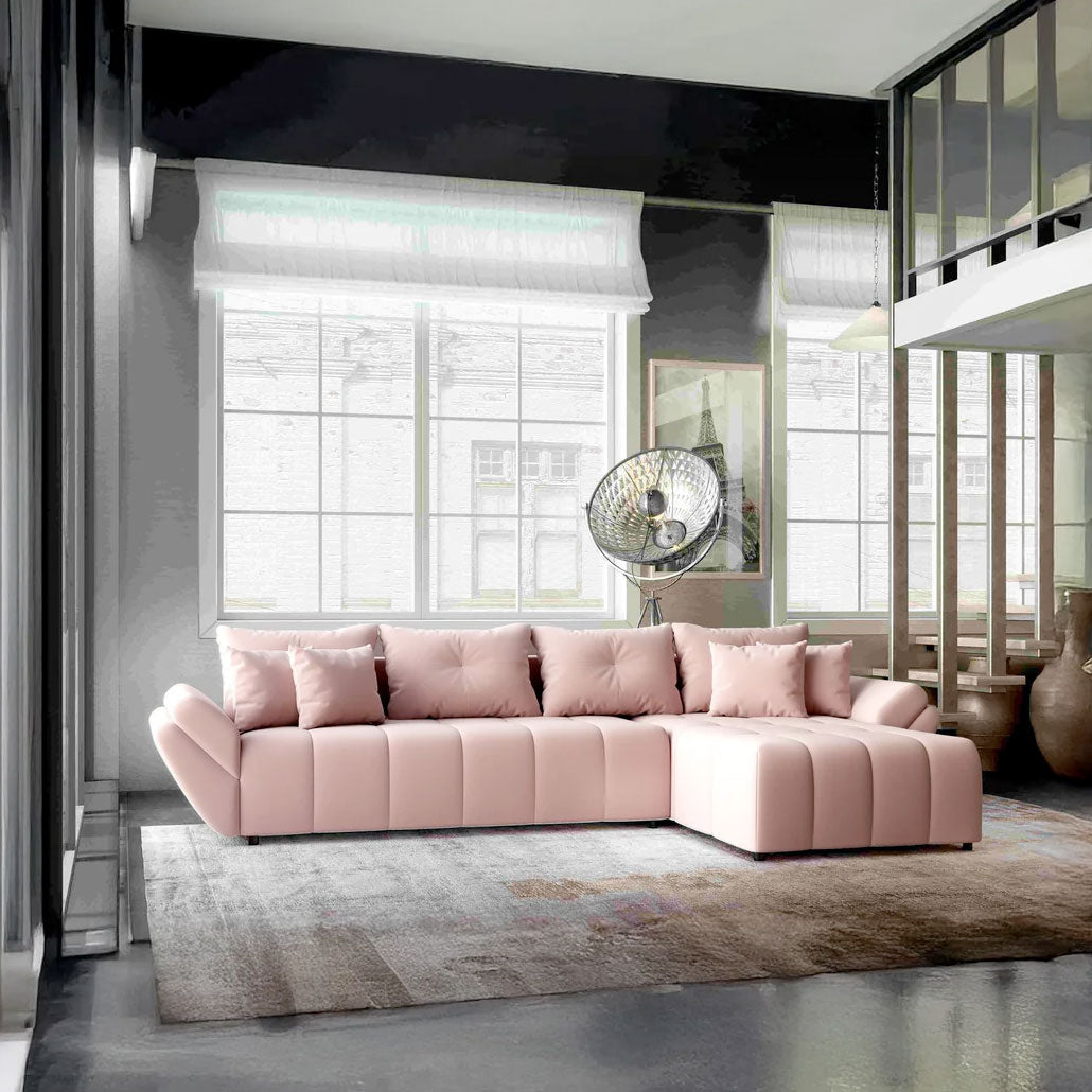 Colțar extensibil dumonde cu ladă de depozitare si sezut confortabil din spuma HR, Berlin XL Royal Roz 350x185 cm II Fabrica